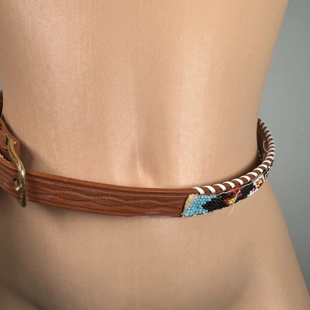 Womans Indian Hand Beaded Leather Belt Adjustable Bird Colorful